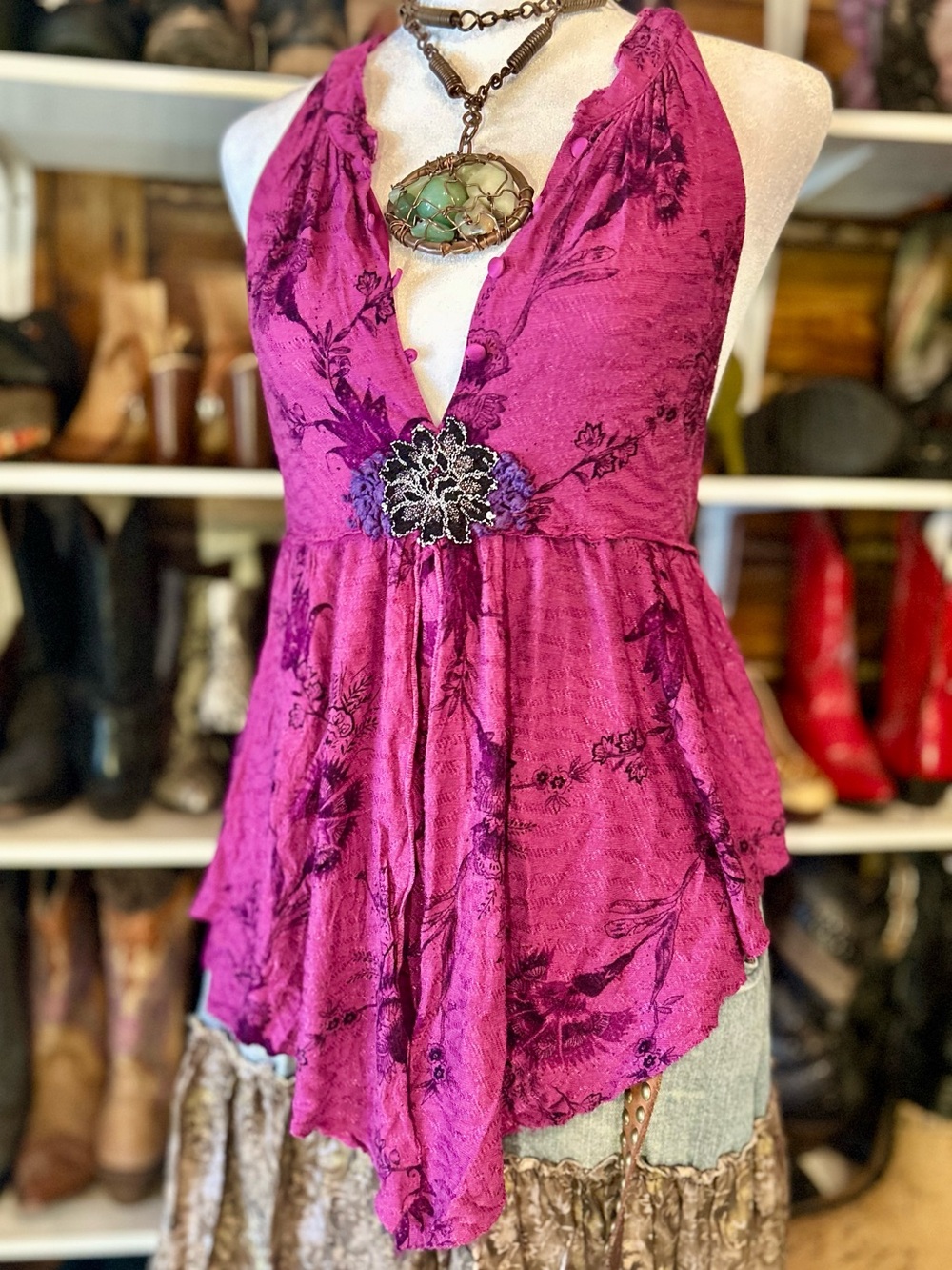 Free People Magenta Floral Halter Top Purple Tie Back Boho